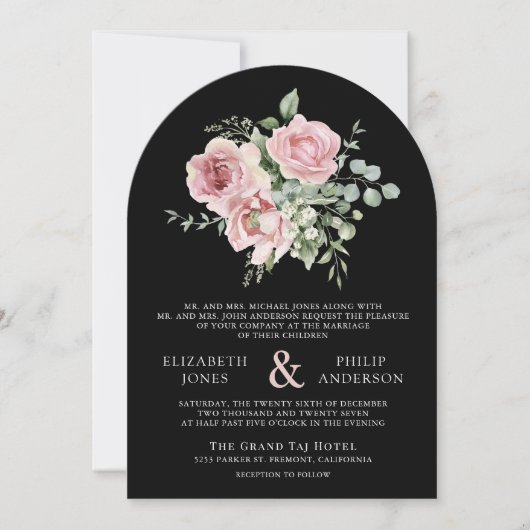 Blush Pink Floral Eucalyptus Black QR Code Wedding Kaart (Voorkant)