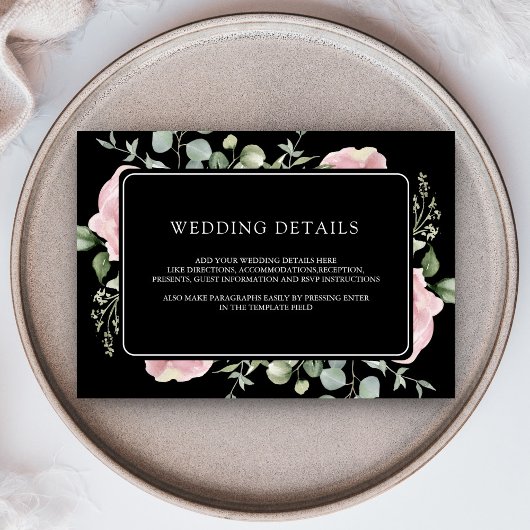 Blush Pink Floral Eucalyptus Black Wedding Details Informatiekaartje