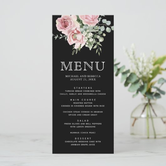 Blush Pink Floral Eucalyptus Black Wedding Menu (Staand voorkant)