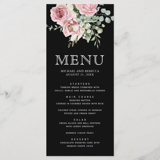 Blush Pink Floral Eucalyptus Black Wedding Menu (Voorkant)