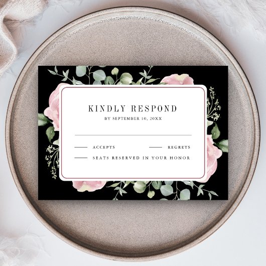 Blush Pink Floral Eucalyptus Black Wedding RSVP Kaartje