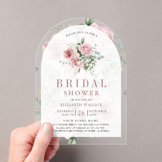 Blush Pink Floral Eucalyptus Bridal Shower Acryl Uitnodigingen (Insitu (Draagbaar))