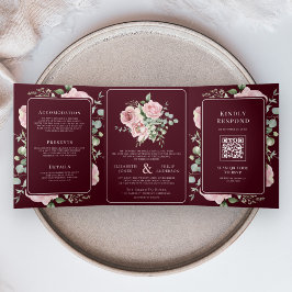 Blush Pink Floral Eucalyptus Burgundy Wedding Drieluik Uitnodiging