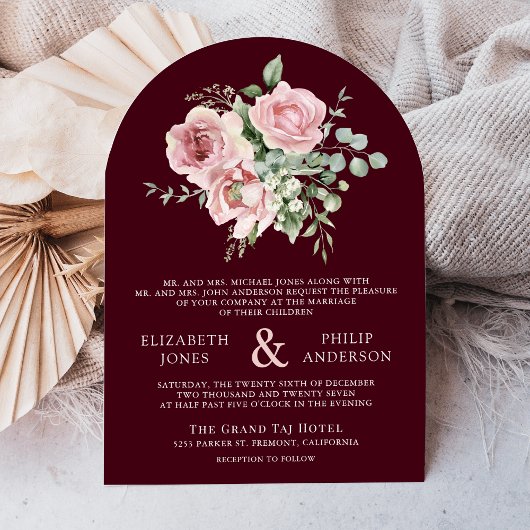 Blush Pink Floral Eucalyptus Burgundy Wedding Kaart