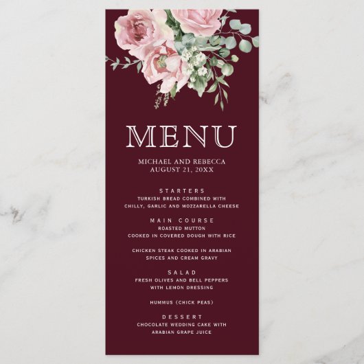 Blush Pink Floral Eucalyptus Burgundy Wedding Menu (Voorkant)