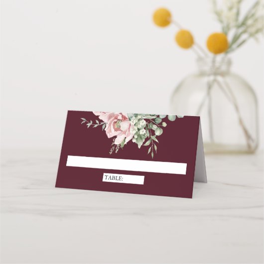 Blush Pink Floral Eucalyptus Burgundy Wedding Plaatskaartje (Voorkant)