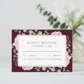 Blush Pink Floral Eucalyptus Burgundy Wedding RSVP Kaartje (Staand voorkant)