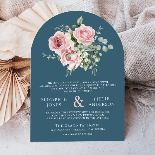 Blush Pink Floral Eucalyptus Dusty Blue Wedding Kaart