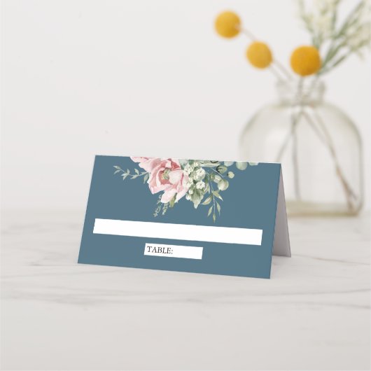 Blush Pink Floral Eucalyptus Dusty Blue Wedding Plaatskaartje (Voorkant)