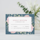 Blush Pink Floral Eucalyptus Dusty Blue Wedding RSVP Kaartje (Staand voorkant)