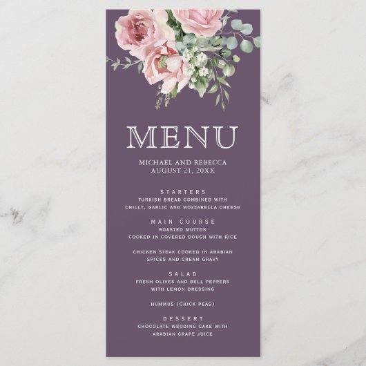 Blush Pink Floral Eucalyptus Dusty Purple Wedding Menu (Voorkant)