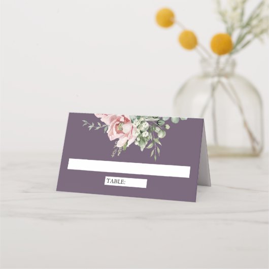 Blush Pink Floral Eucalyptus Dusty Purple Wedding Plaatskaartje (Voorkant)