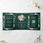 Blush Pink Floral Eucalyptus Emerald Green Wedding Drieluik Uitnodiging (Binnen)