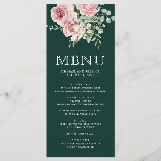 Blush Pink Floral Eucalyptus Emerald Green Wedding Menu (Voorkant)