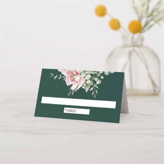 Blush Pink Floral Eucalyptus Emerald Green Wedding Plaatskaartje (Voorkant)