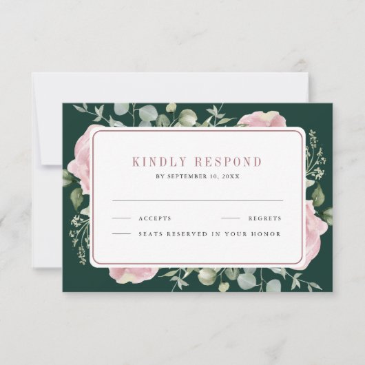 Blush Pink Floral Eucalyptus Emerald Green Wedding RSVP Kaartje (Voorkant)