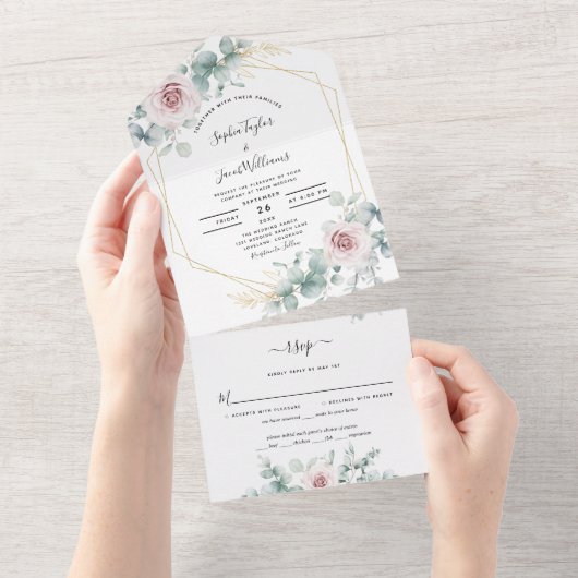 Blush Pink Floral Eucalyptus Geometric Wedding All In One Uitnodiging (Afscheurbaar)