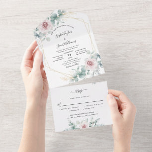 Blush Pink Floral Eucalyptus Geometric Wedding All In One Uitnodiging