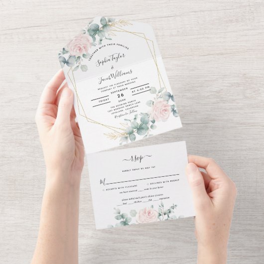 Blush Pink Floral Eucalyptus Geometric Wedding All In One Uitnodiging (Afscheurbaar)