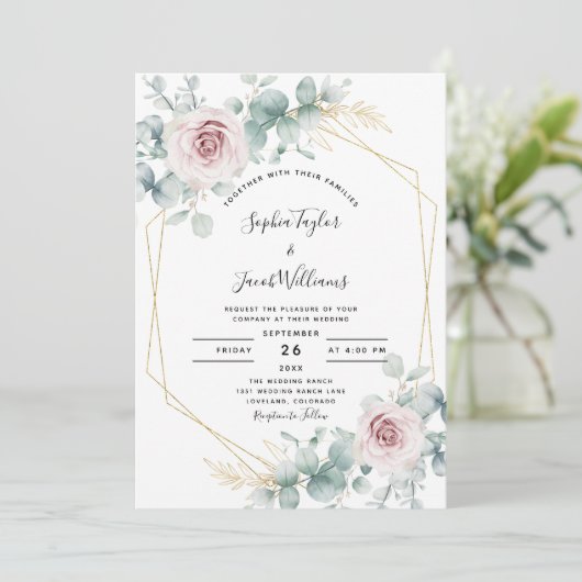 Blush Pink Floral Eucalyptus Geometric Wedding Kaart (Staand voorkant)