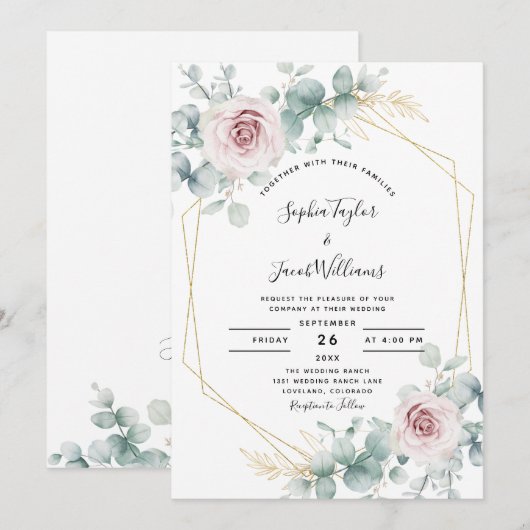 Blush Pink Floral Eucalyptus Geometric Wedding Kaart (Voorkant / Achterkant)