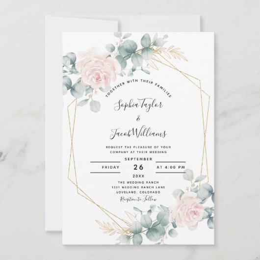 Blush Pink Floral Eucalyptus Geometric Wedding Kaart (Voorkant)