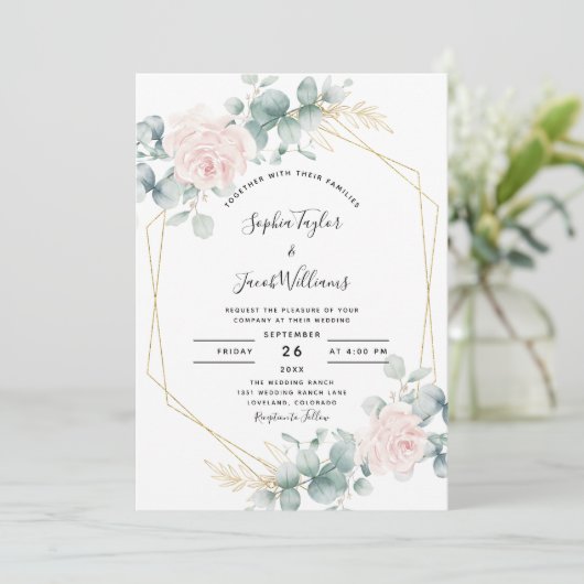 Blush Pink Floral Eucalyptus Geometric Wedding Kaart (Staand voorkant)