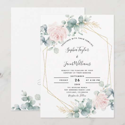 Blush Pink Floral Eucalyptus Geometric Wedding Kaart (Voorkant / Achterkant)