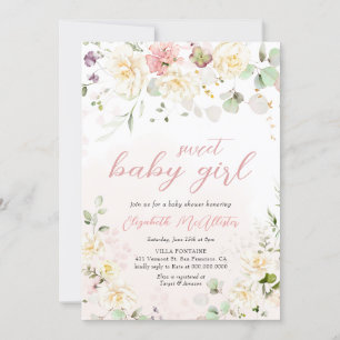 Blush Pink Floral Eucalyptus Girl Baby shower Kaart