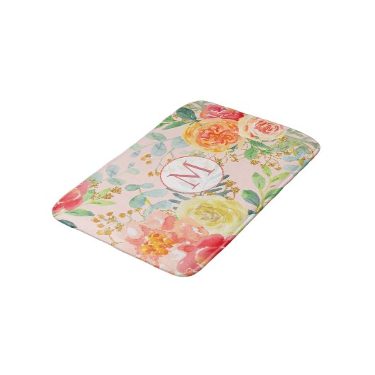Blush Pink Floral Eucalyptus Glitter Monogram Badmat (Gekanteld)