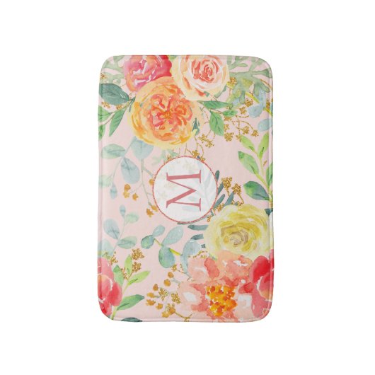 Blush Pink Floral Eucalyptus Glitter Monogram Badmat (Voorkant Verticaal)