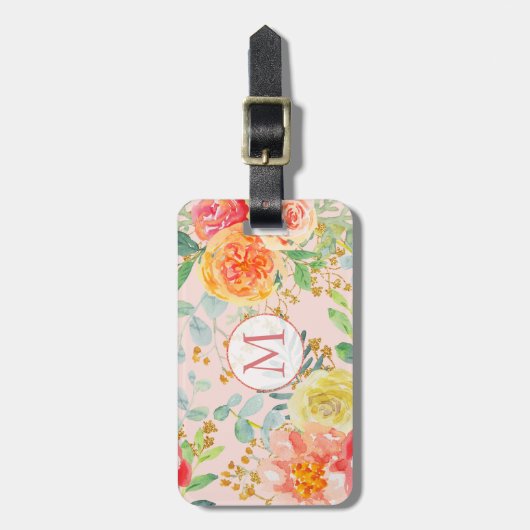 Blush Pink Floral Eucalyptus Glitter Monogram Bagagelabel (Voorkant verticaal)
