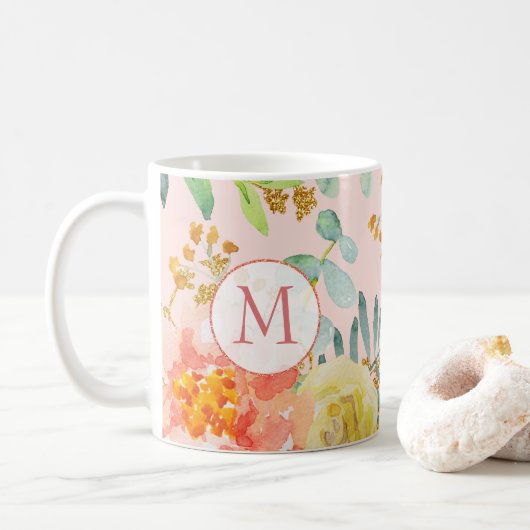 Blush Pink Floral Eucalyptus Glitter Monogram Koffiemok (Met donut)