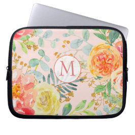 Blush Pink Floral Eucalyptus Glitter Monogram Laptop Sleeve