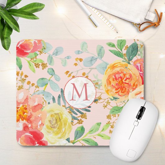 Blush Pink Floral Eucalyptus Glitter Monogram Muismat