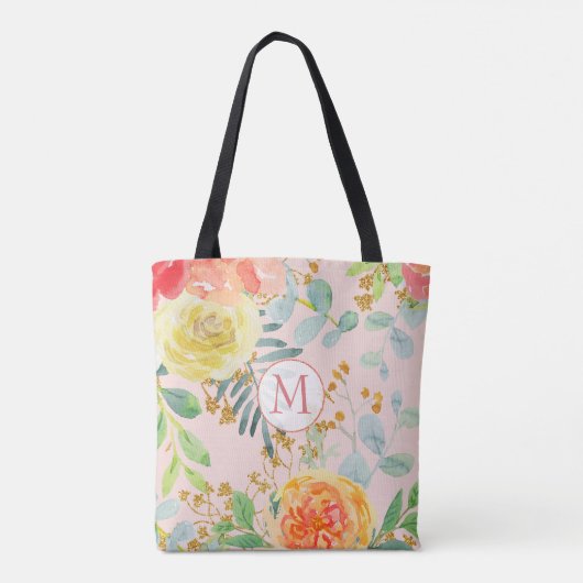 Blush Pink Floral Eucalyptus Glitter Monogram Tote Bag (Achterkant)