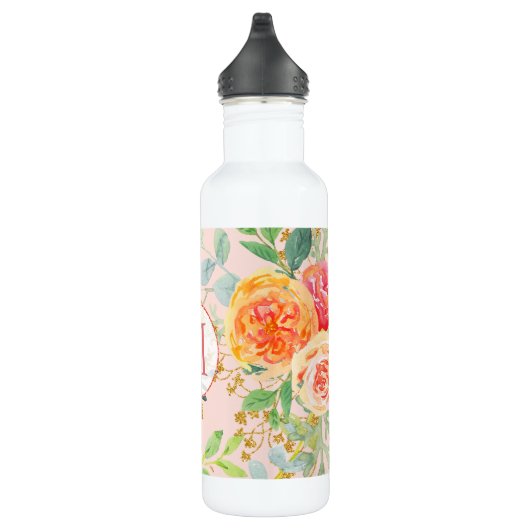 Blush Pink Floral Eucalyptus Glitter Monogram Waterfles (Rechts)