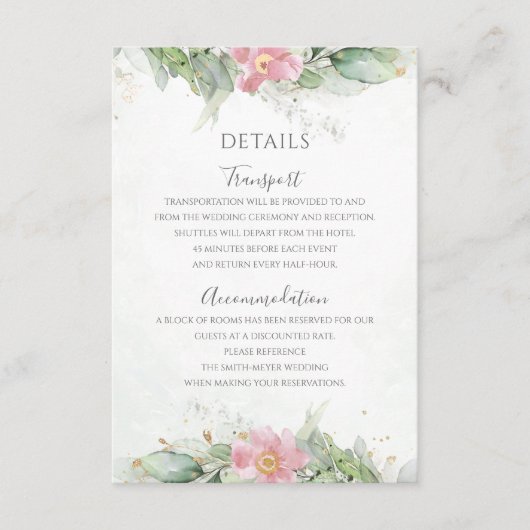 Blush Pink Floral Eucalyptus Greenery Gold Wedding Informatiekaartje (Voorkant)
