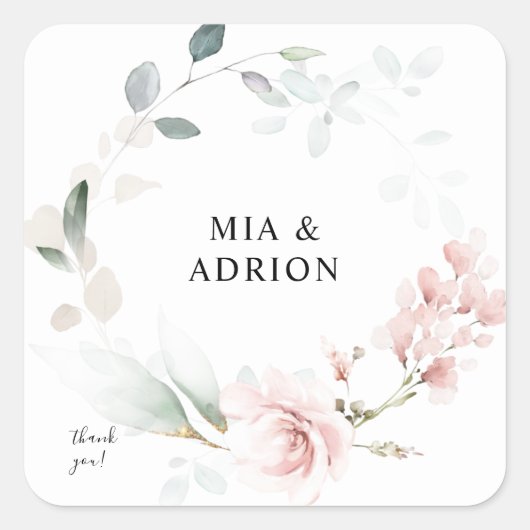 Blush Pink Floral & Eucalyptus Hartelijk dank Vierkante Sticker (Voorkant)