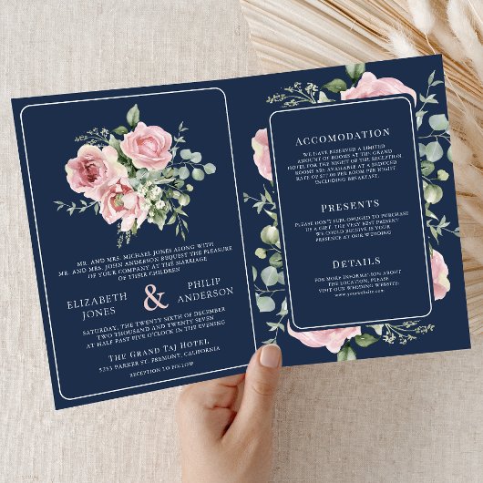 Blush Pink Floral Eucalyptus Navy Blue Wedding