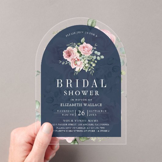 Blush Pink Floral Eucalyptus Navy Bridal Shower Acryl Uitnodigingen (Insitu (Draagbaar))