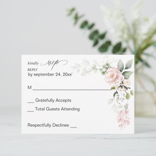 Blush Pink Floral & Eucalyptus no Meal RSVP Kaartje (Staand voorkant)
