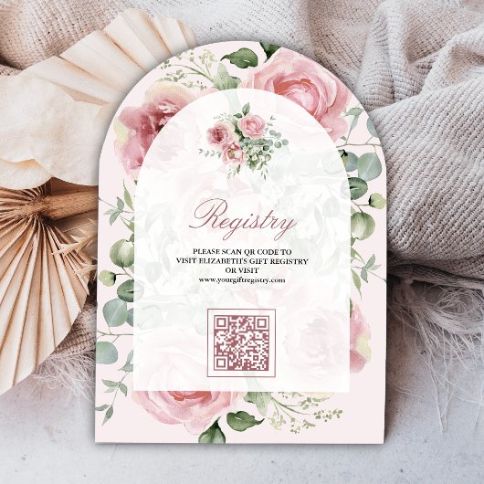 Blush Pink Floral Eucalyptus QR Code Baby shower Kaart