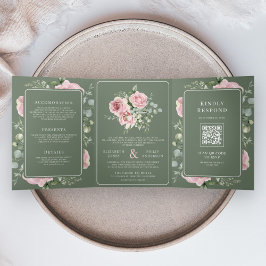 Blush Pink Floral Eucalyptus Sage Green Wedding Drieluik Uitnodiging