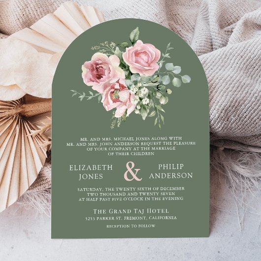 Blush Pink Floral Eucalyptus Sage Green Wedding Kaart