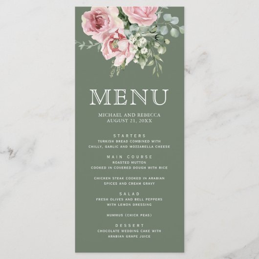 Blush Pink Floral Eucalyptus Sage Green Wedding Menu (Voorkant)