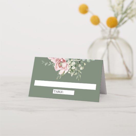 Blush Pink Floral Eucalyptus Sage Green Wedding Plaatskaartje (Voorkant)