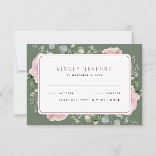 Blush Pink Floral Eucalyptus Sage Green Wedding RSVP Kaartje (Voorkant)