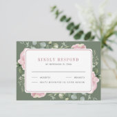 Blush Pink Floral Eucalyptus Sage Green Wedding RSVP Kaartje (Staand voorkant)