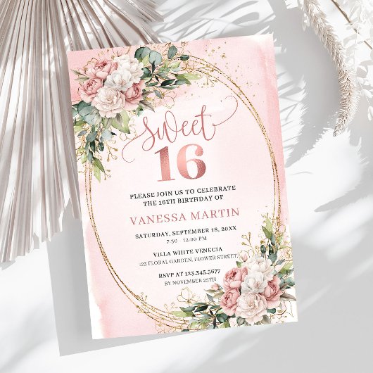 Blush Pink Floral Eucalyptus Sweet 16 Birthday  Kaart